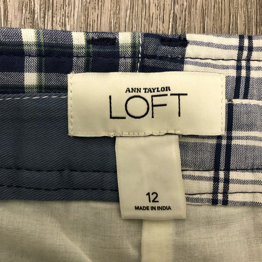Loft Madras Plaid Skirt Women’s Size 12 Blue White Preppy Patchwork 100% Cotton - Picture 9 of 10